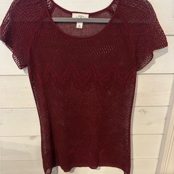 LOFT Burgundy Crochet Knit Short Sleeve Top - Picture 1 of 13